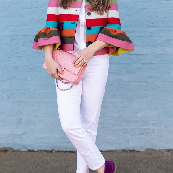 Rainbow Stripe Jacket Lapel Collar Three-quarter Sleeves with Ruffle - Picture 2 of 9